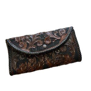 Vtg Tooled Leather Wallet Womens Floral Design & Purple Lining Handmade Western